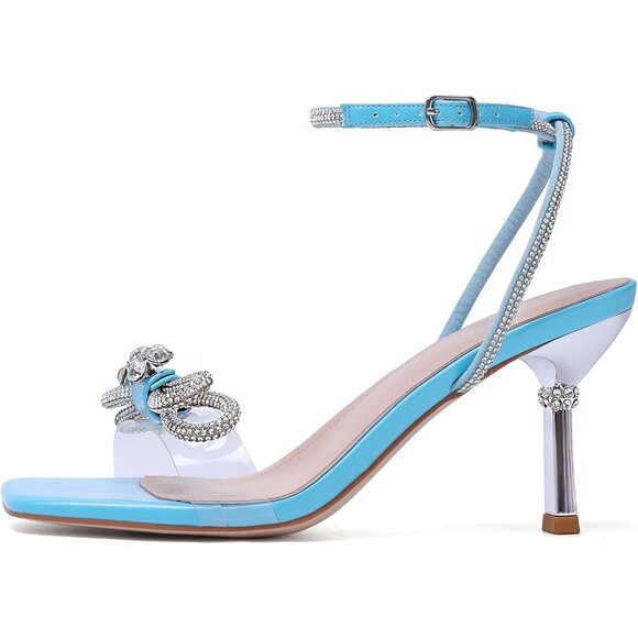 Women's Blue+bl Closed Toe Rhinestone Wedding Low Slingback Clear Kitten Heels - Picture 4 of 9